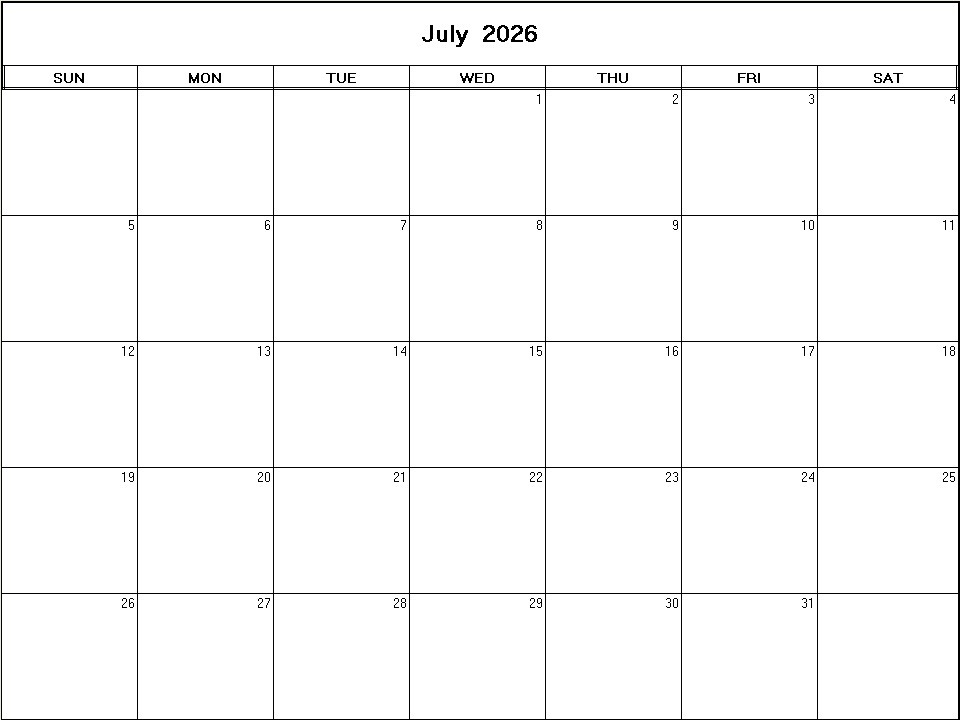 printable blank calendar image for July 2026