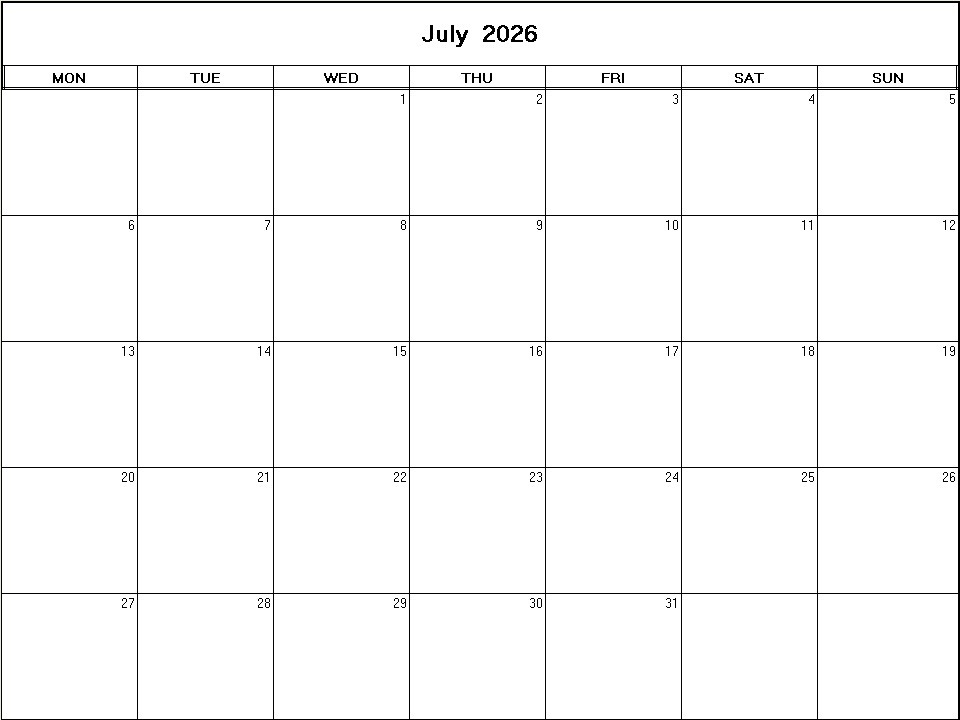 printable blank calendar image for July 2026