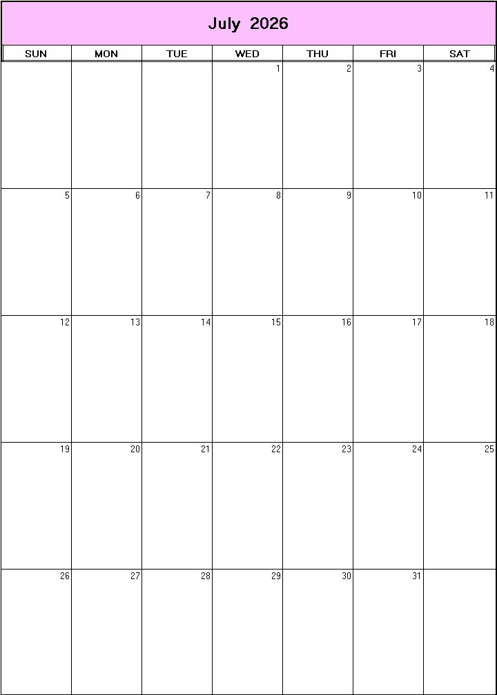 printable blank calendar image for July 2026