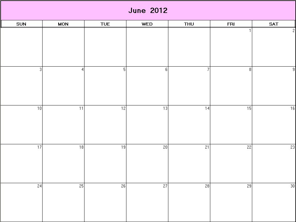 printable blank calendar image for June 2012