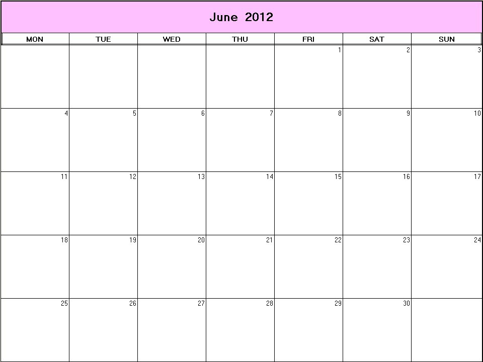 printable blank calendar image for June 2012