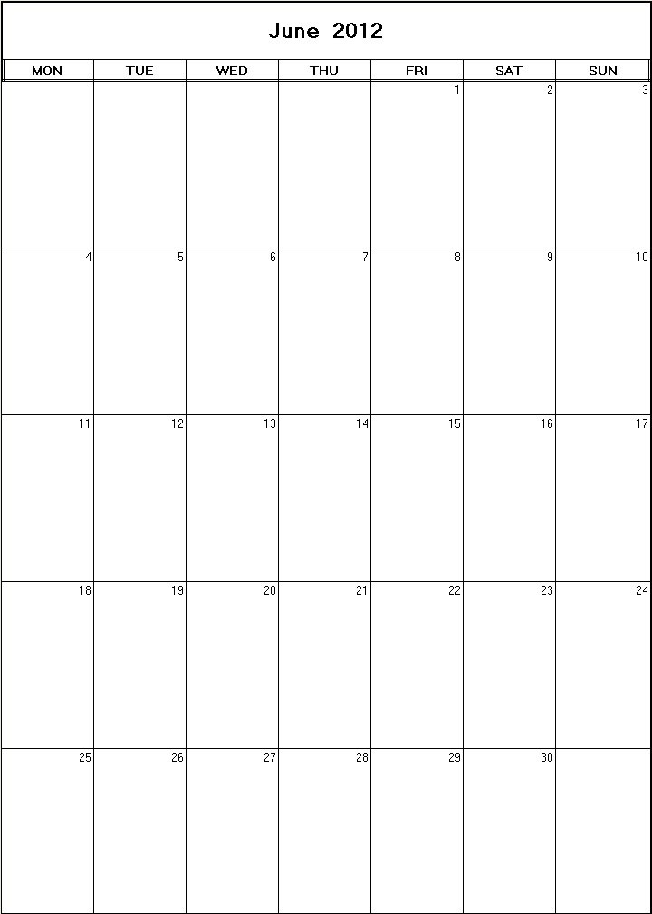 printable blank calendar image for June 2012