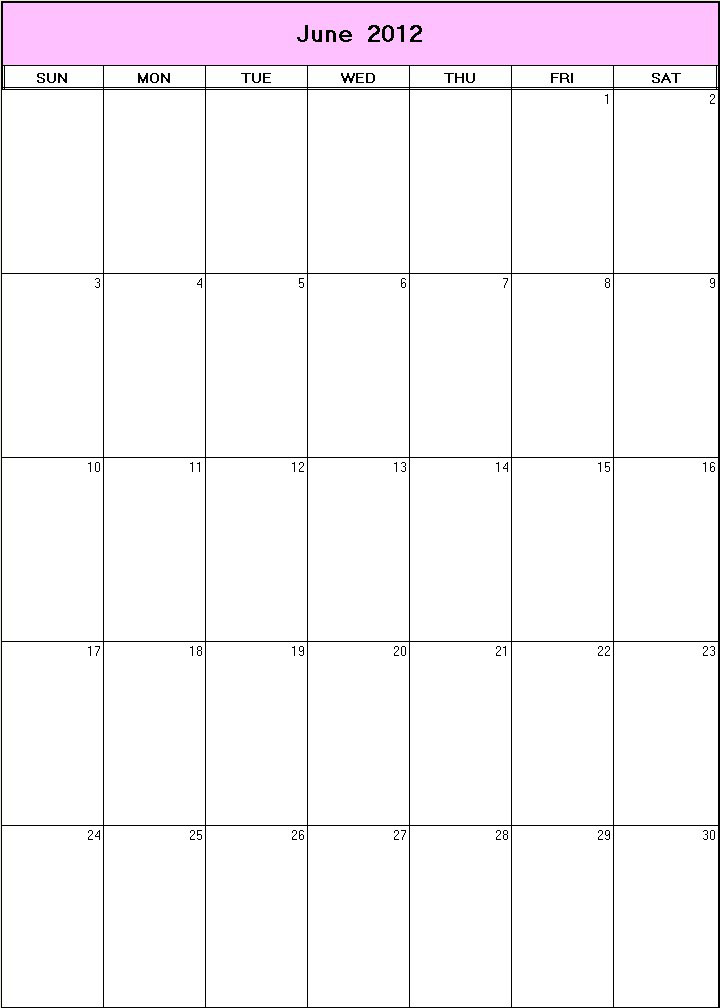 printable blank calendar image for June 2012