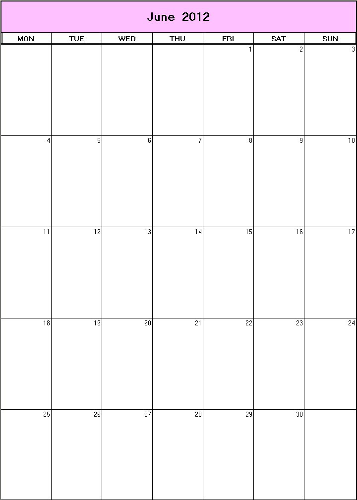 printable blank calendar image for June 2012