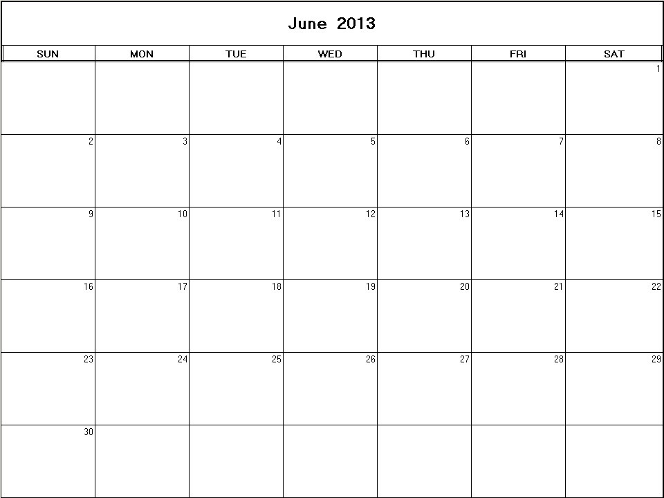 printable blank calendar image for June 2013