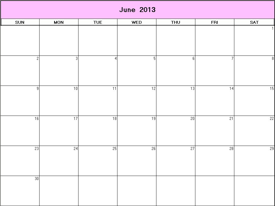printable blank calendar image for June 2013