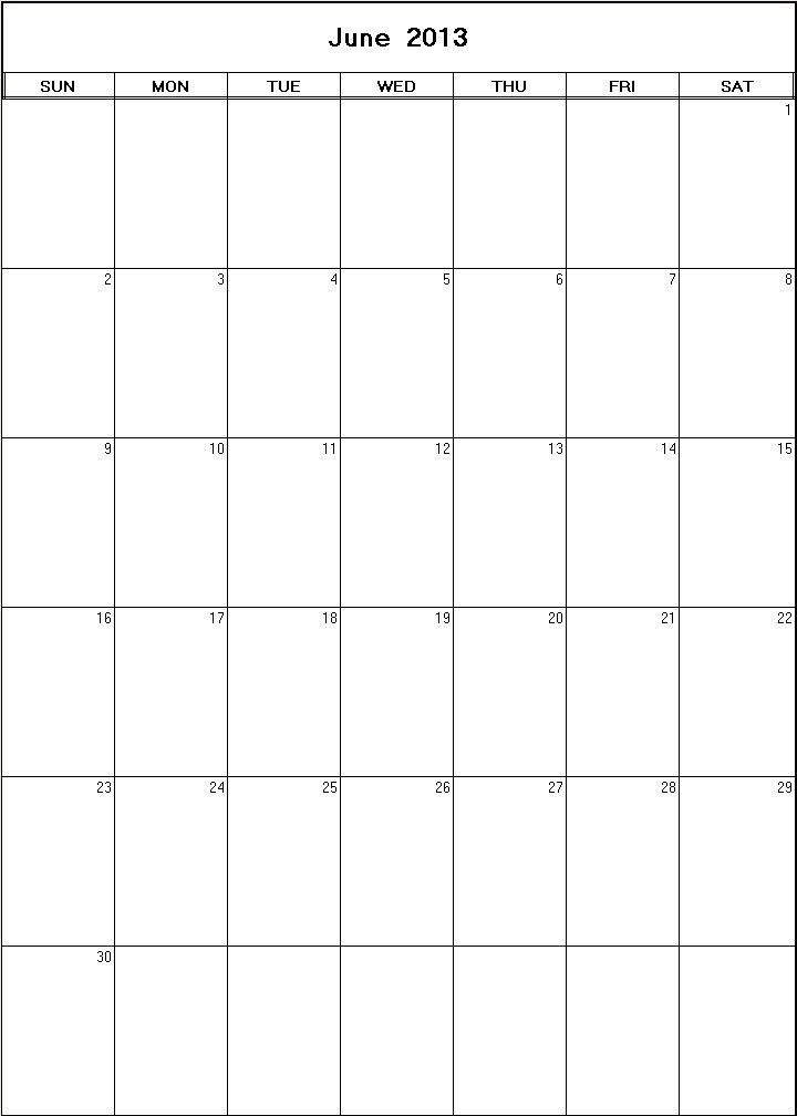 printable blank calendar image for June 2013
