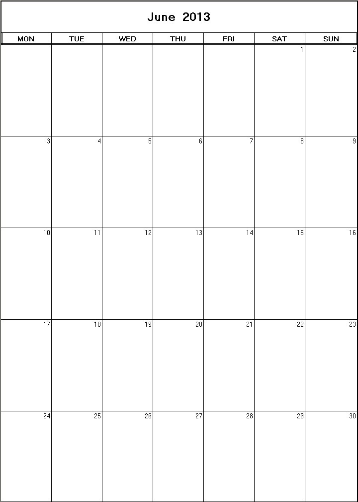 printable blank calendar image for June 2013