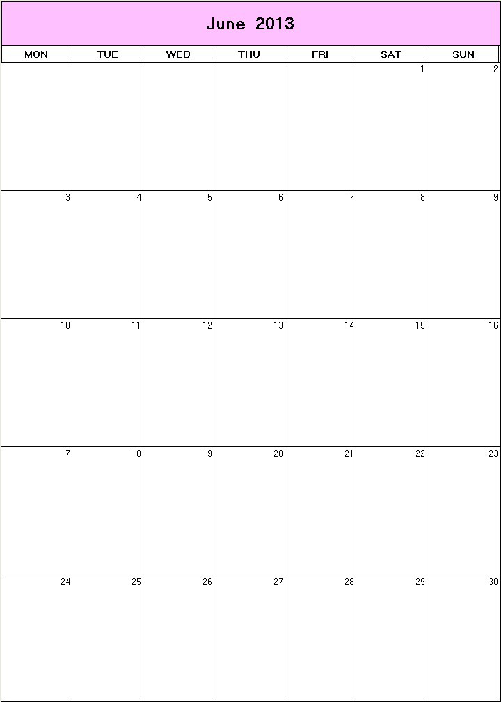 printable blank calendar image for June 2013