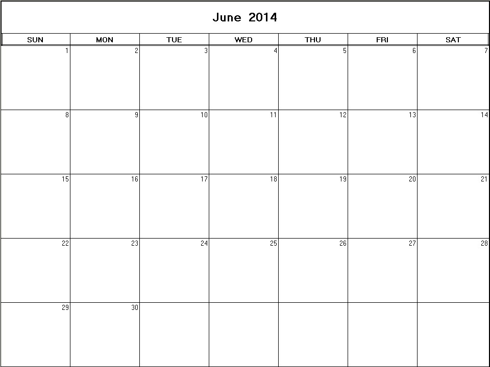 printable blank calendar image for June 2014