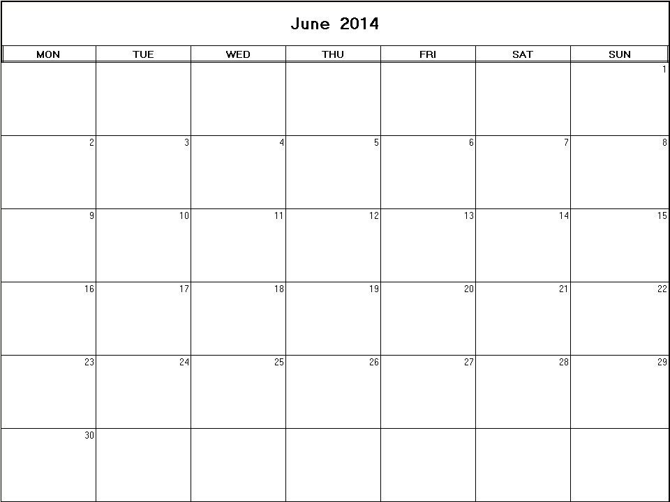 printable blank calendar image for June 2014