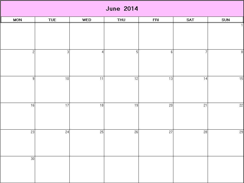 printable blank calendar image for June 2014