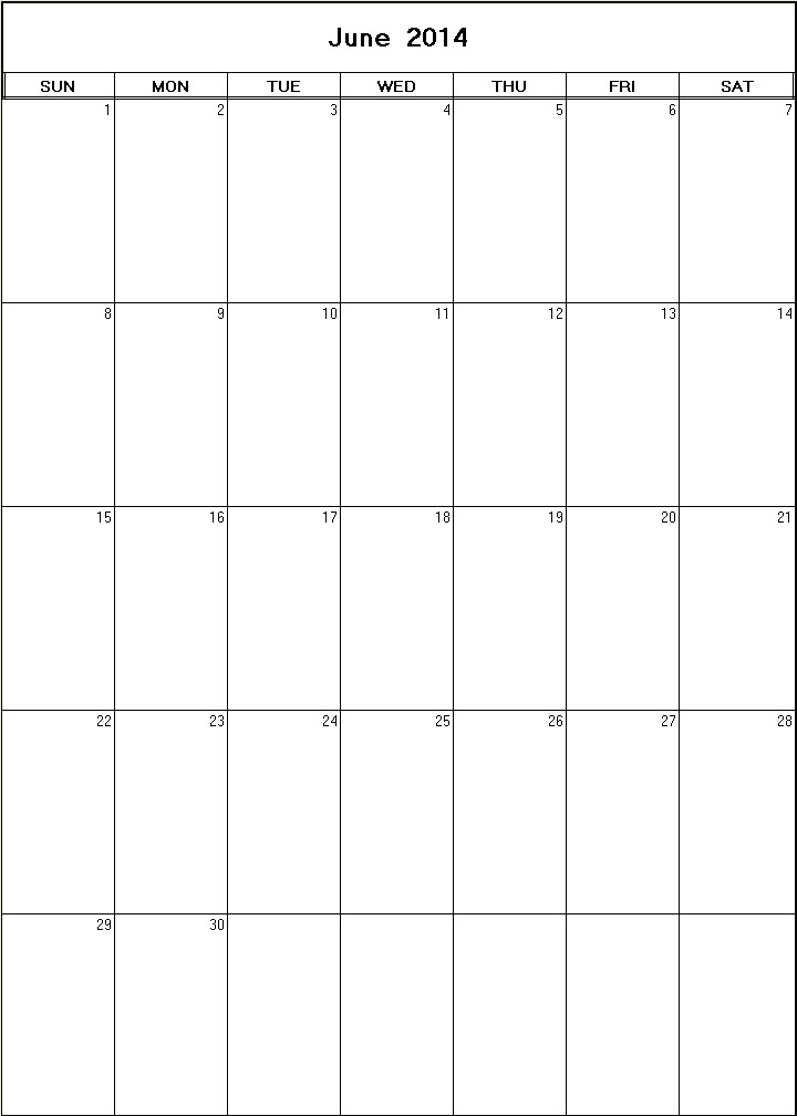 printable blank calendar image for June 2014