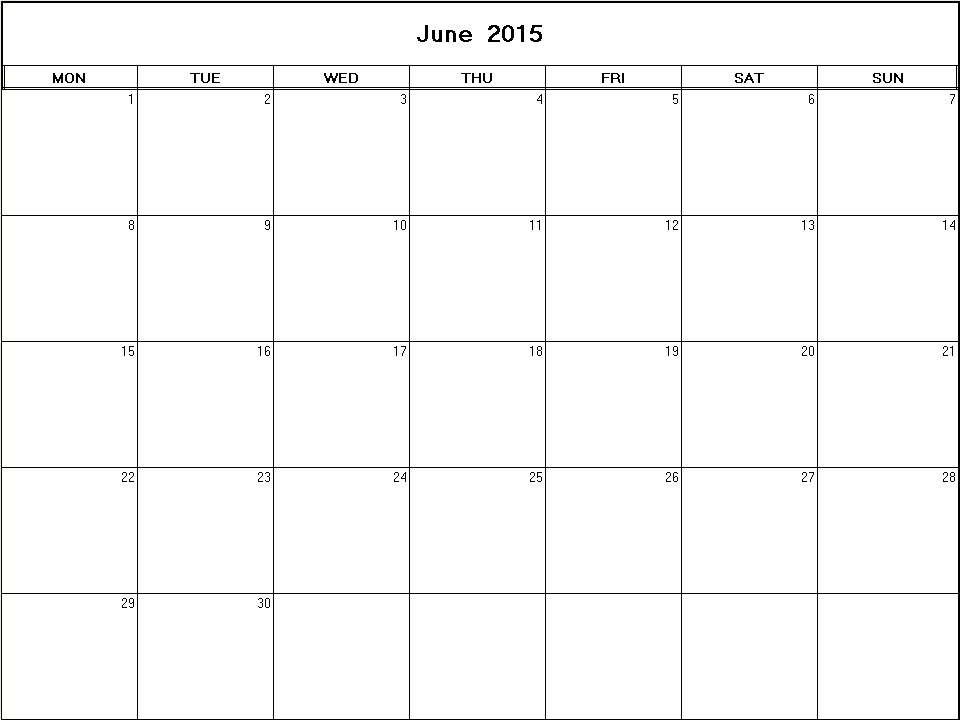 printable blank calendar image for June 2015