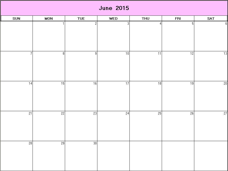 printable blank calendar image for June 2015