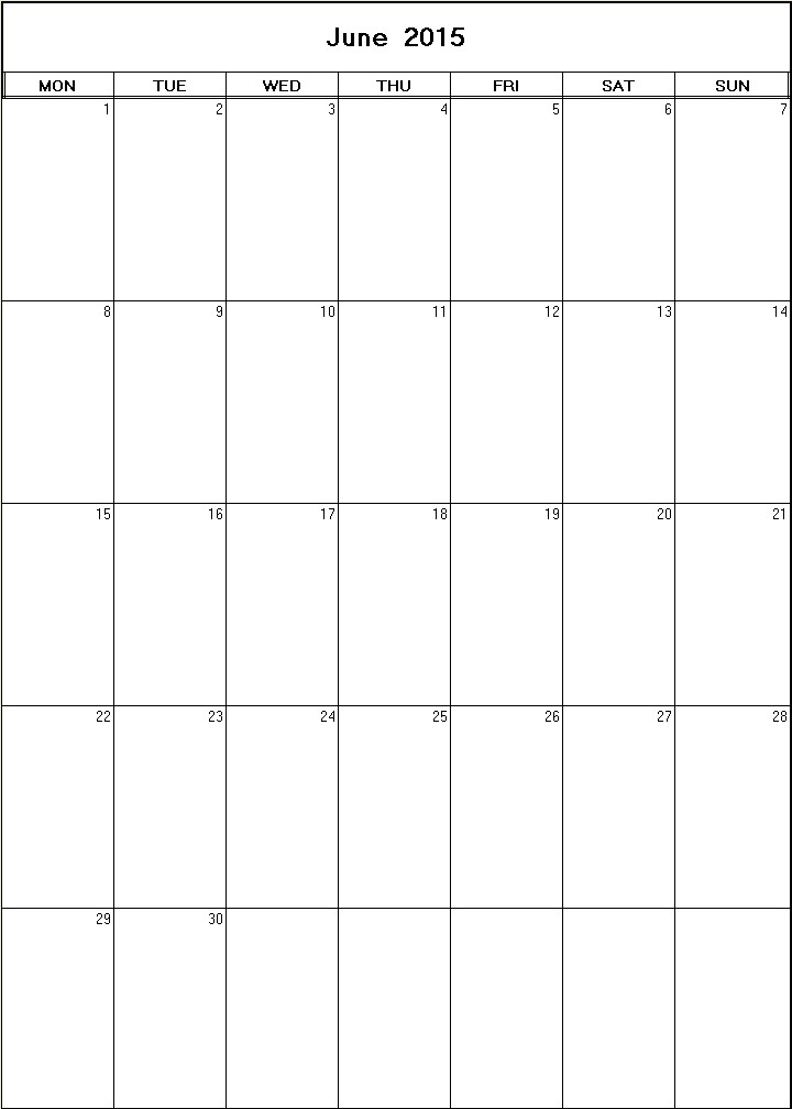 printable blank calendar image for June 2015