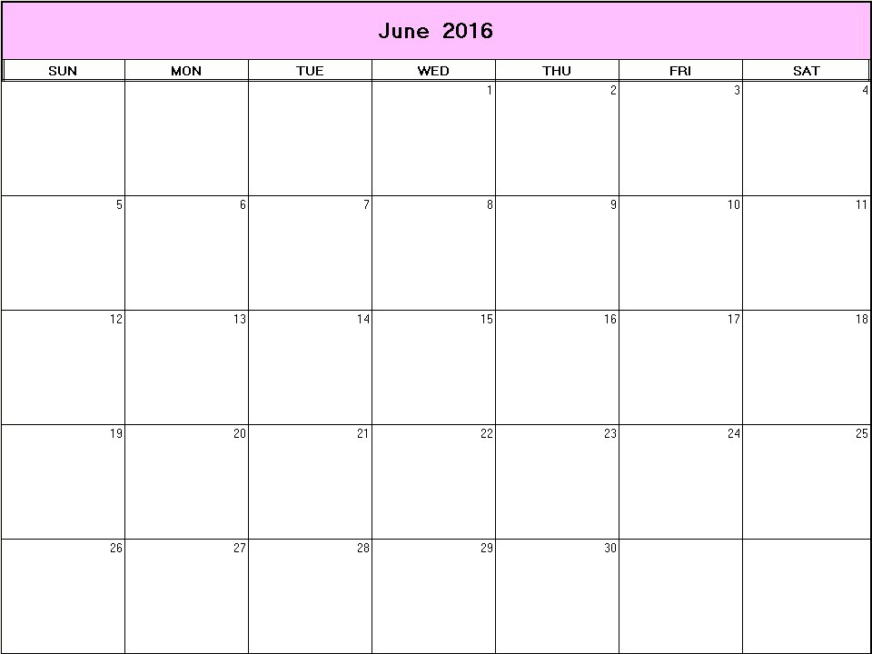 printable blank calendar image for June 2016