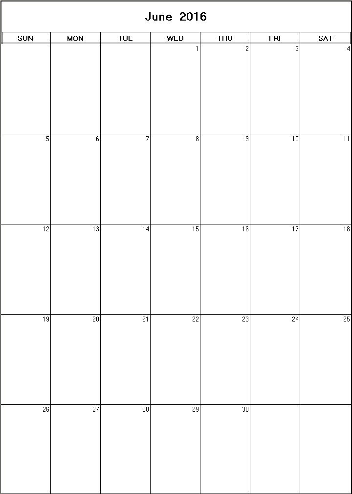 printable blank calendar image for June 2016