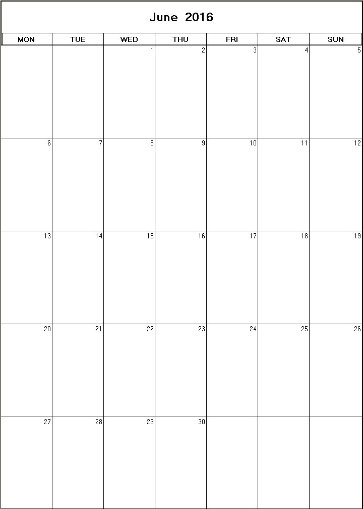 printable blank calendar image for June 2016