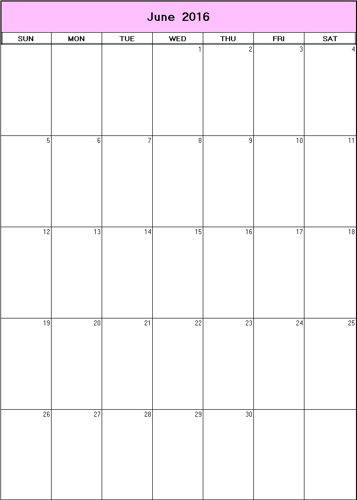 printable blank calendar image for June 2016