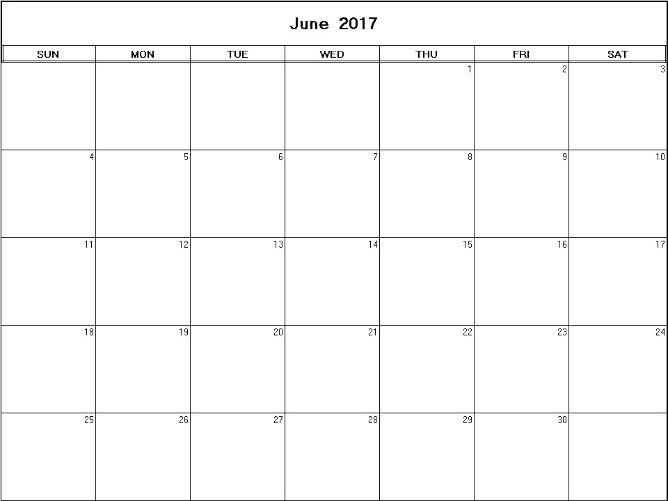 printable blank calendar image for June 2017