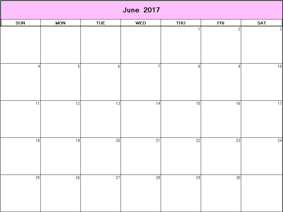 printable blank calendar image for June 2017