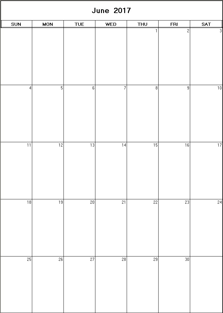 printable blank calendar image for June 2017