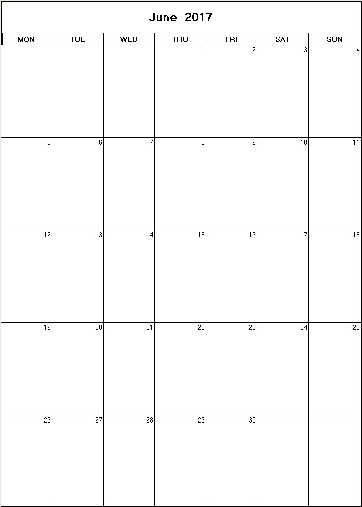 printable blank calendar image for June 2017
