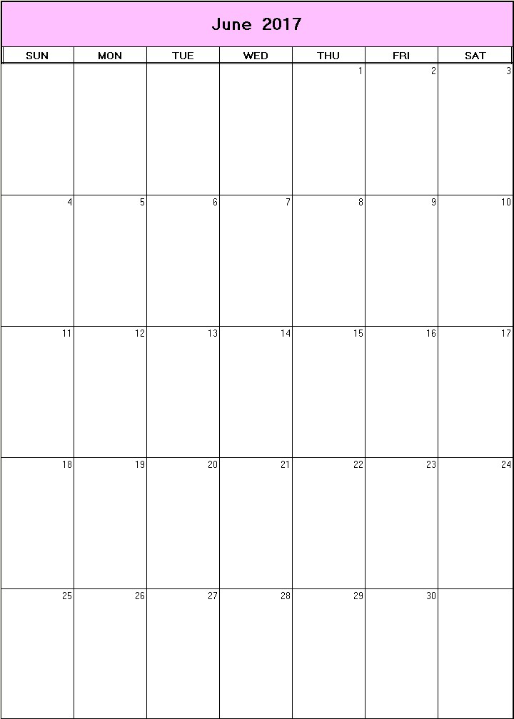 printable blank calendar image for June 2017