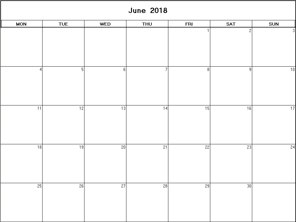 printable blank calendar image for June 2018