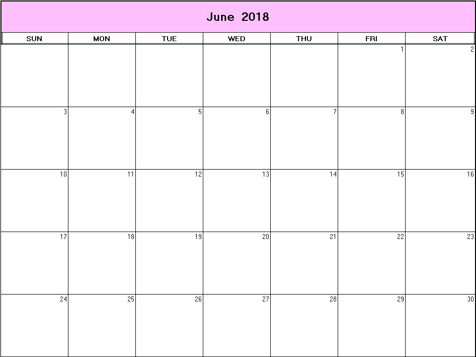 printable blank calendar image for June 2018