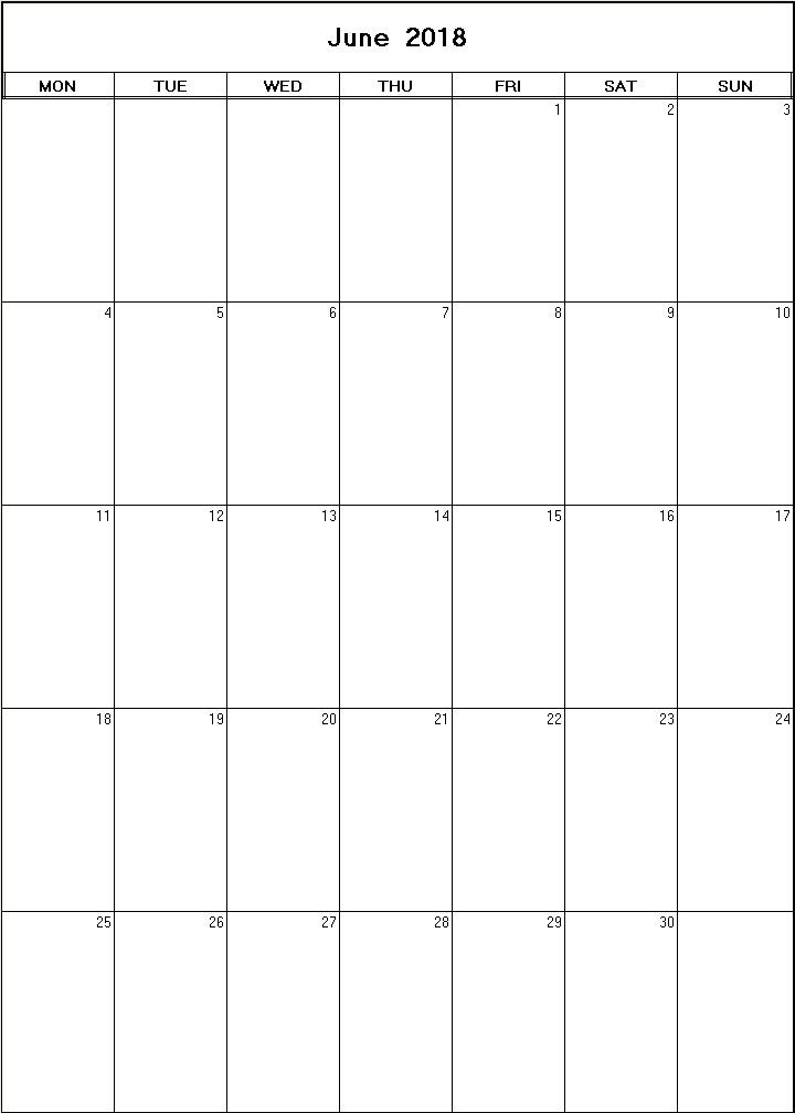 printable blank calendar image for June 2018