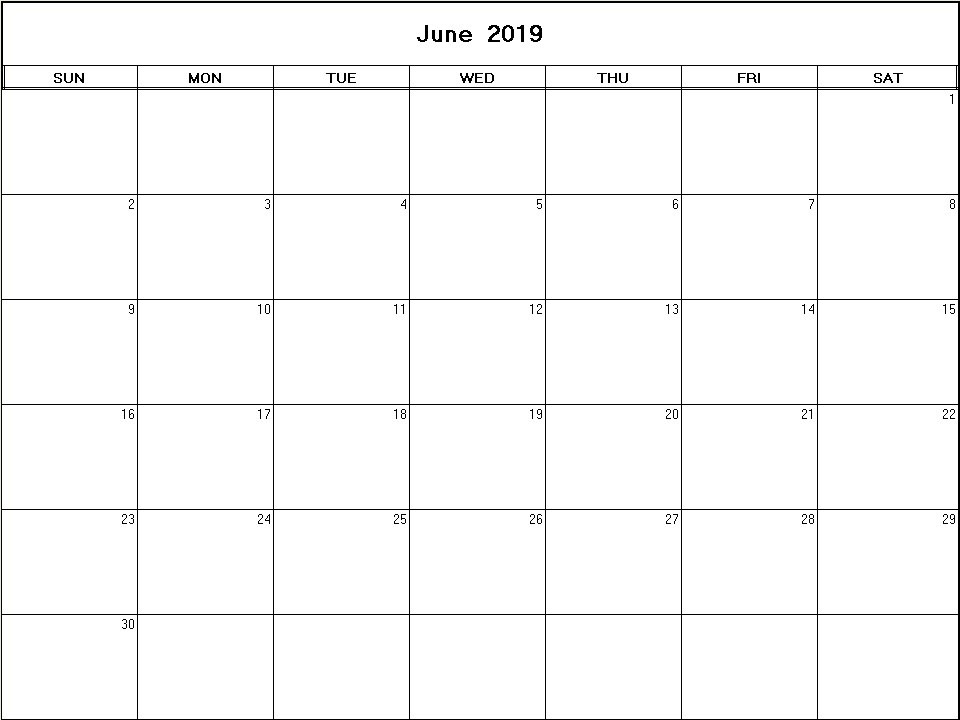printable blank calendar image for June 2019