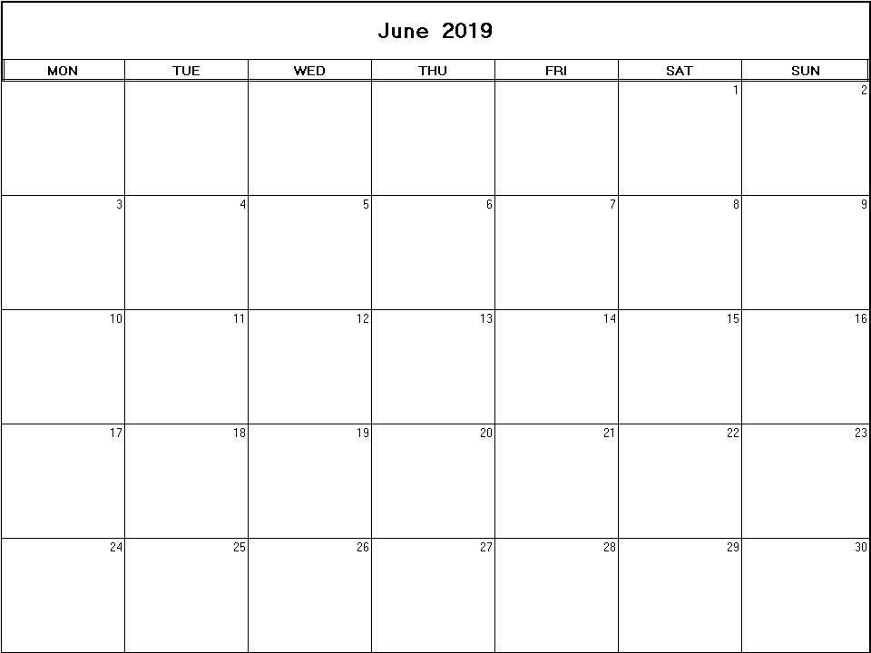 printable blank calendar image for June 2019