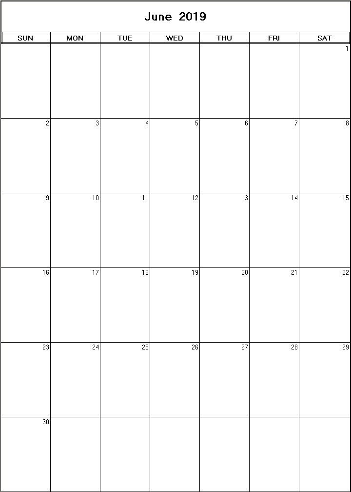 printable blank calendar image for June 2019