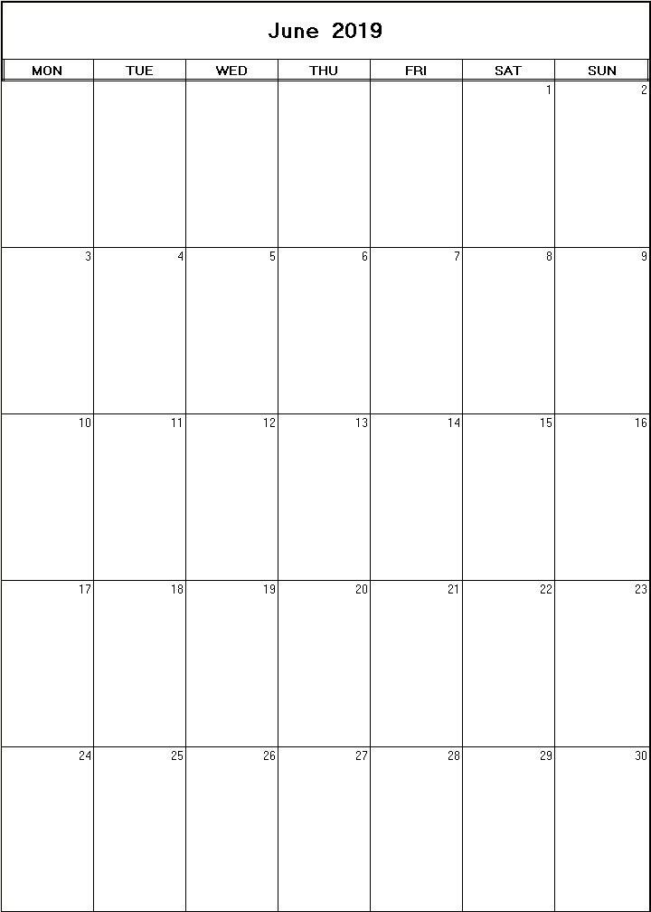 printable blank calendar image for June 2019
