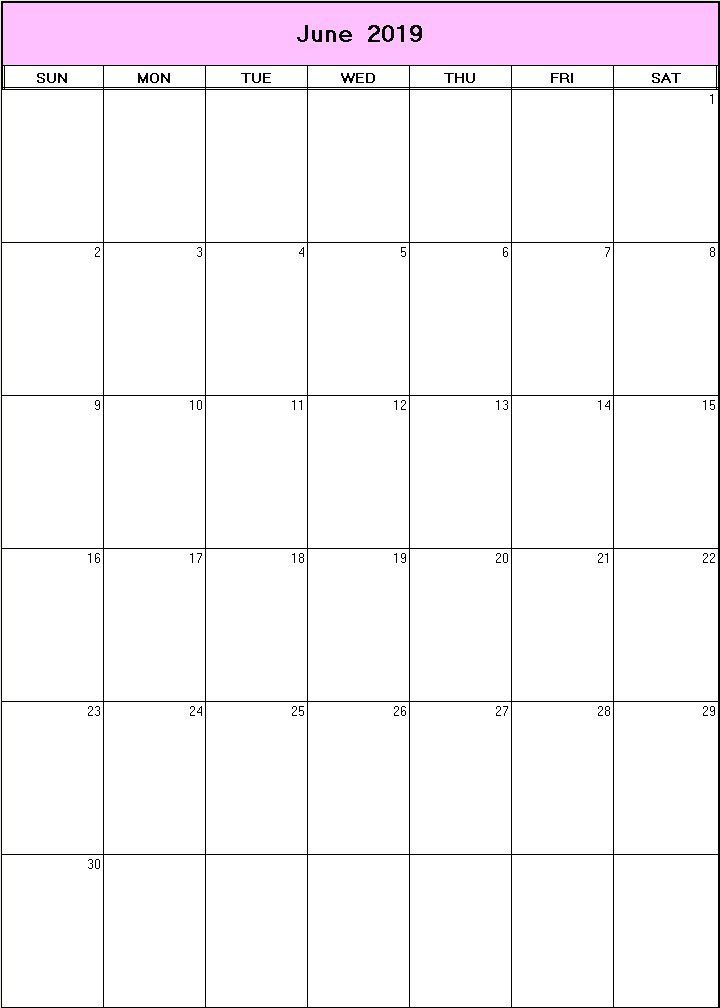 printable blank calendar image for June 2019