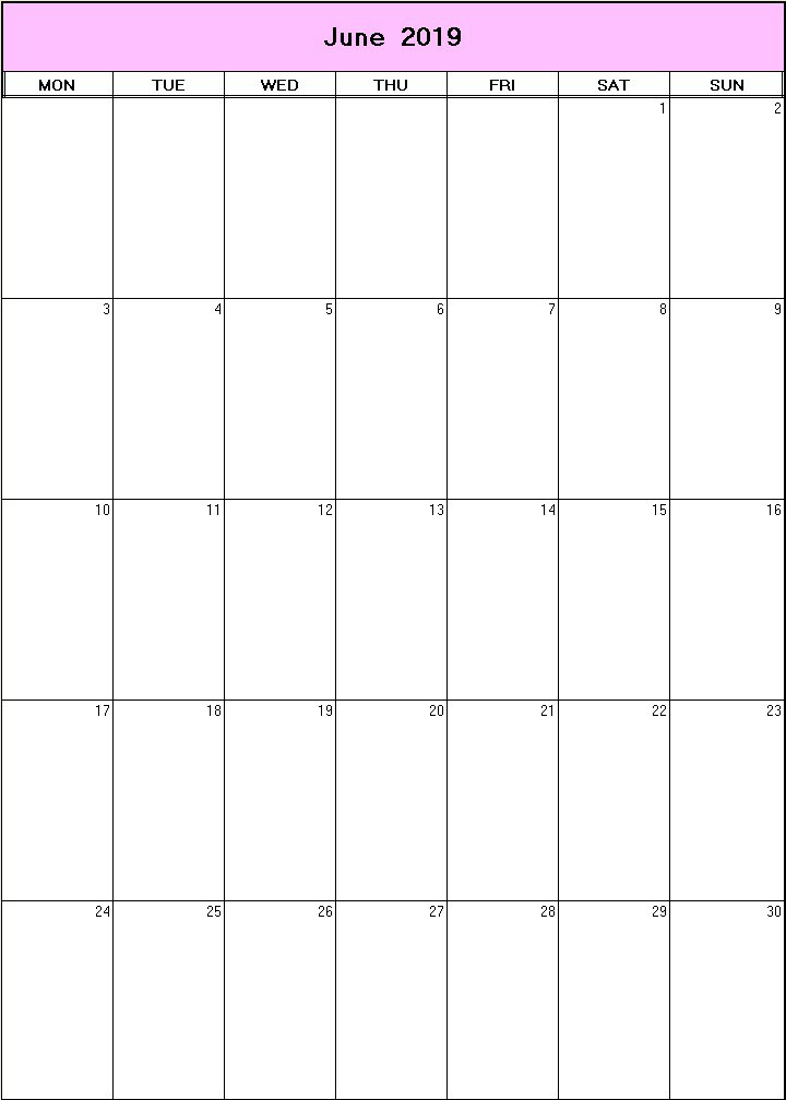 printable blank calendar image for June 2019