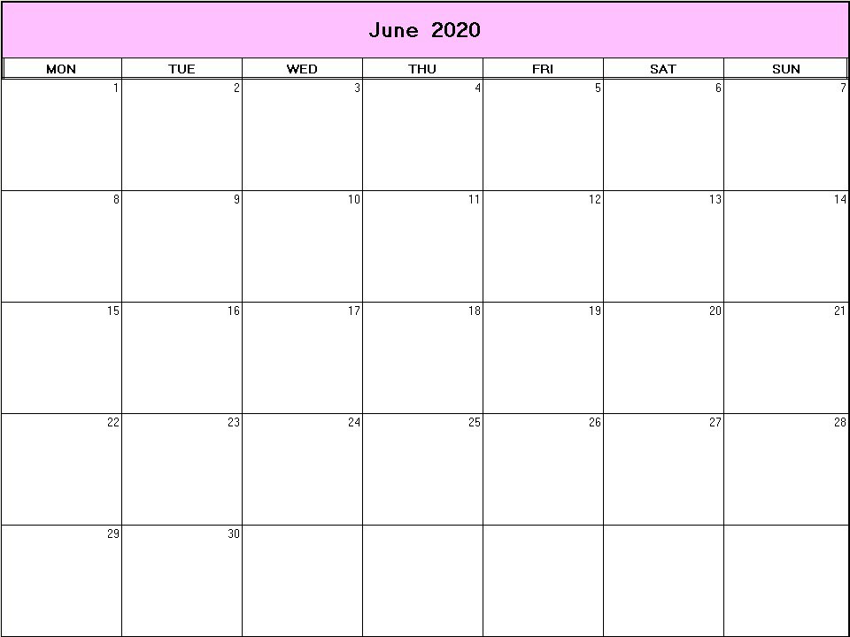 printable blank calendar image for June 2020
