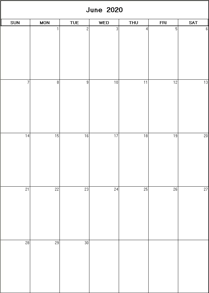printable blank calendar image for June 2020