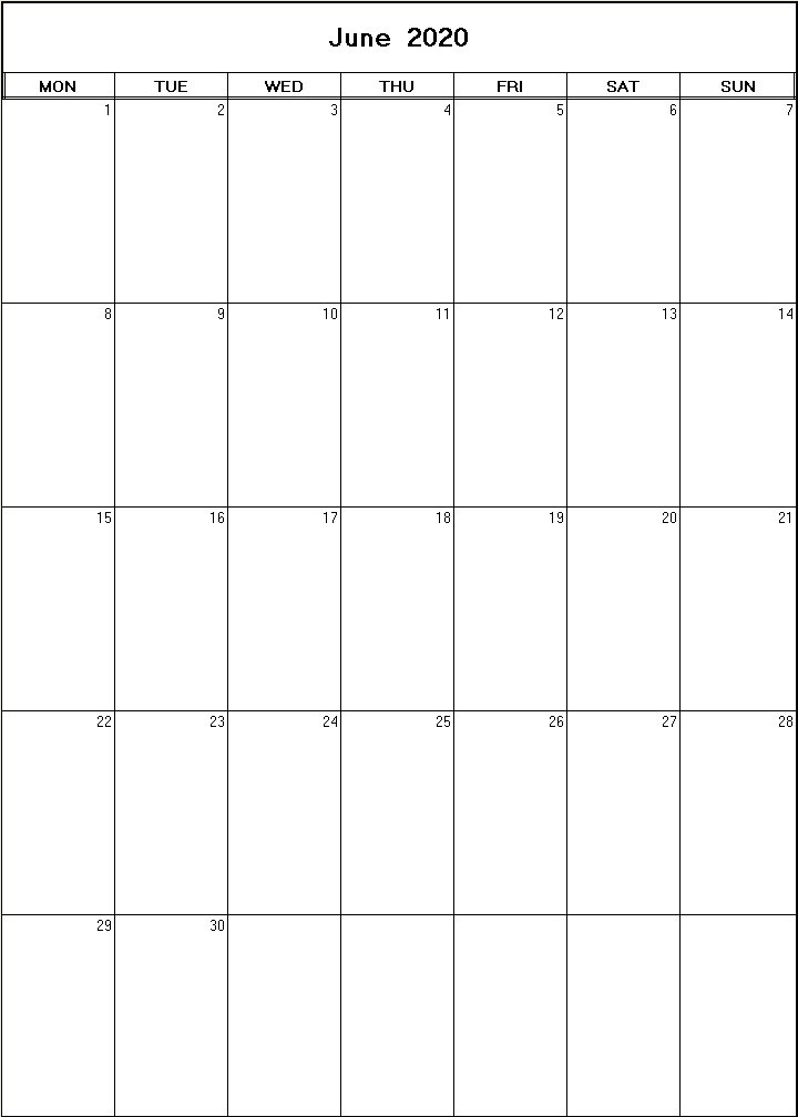 printable blank calendar image for June 2020