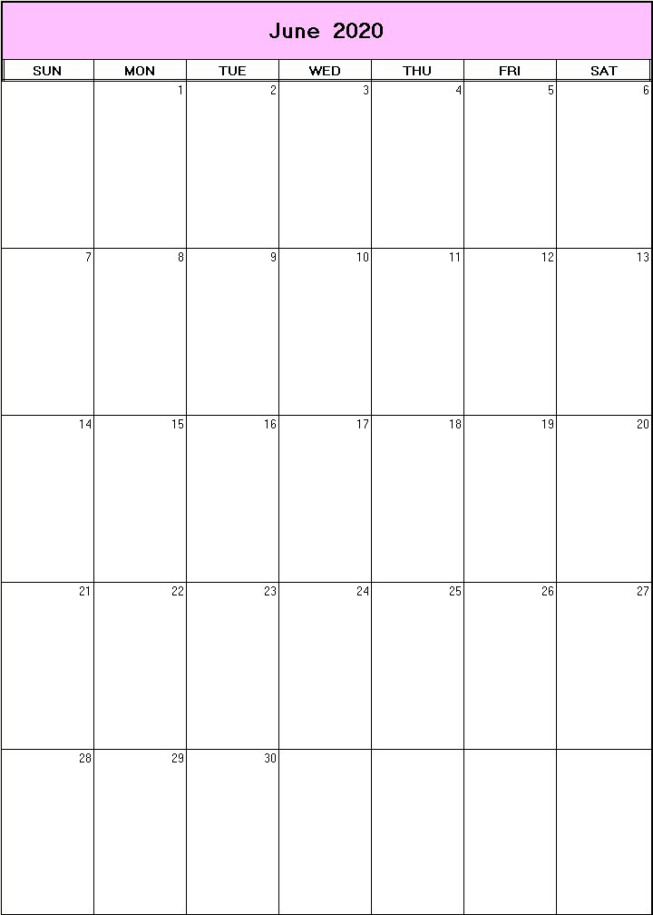 printable blank calendar image for June 2020