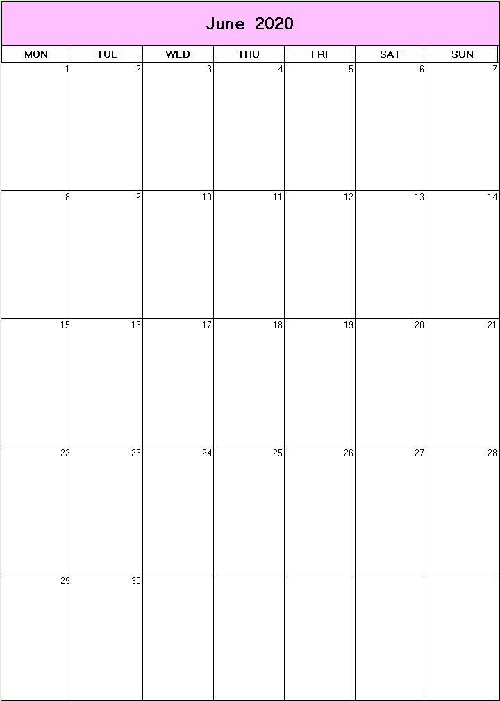 printable blank calendar image for June 2020