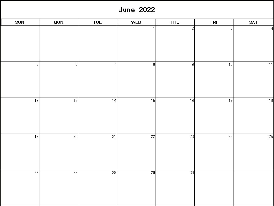 printable blank calendar image for June 2022