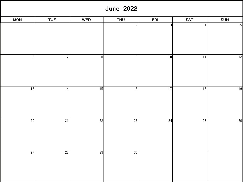 printable blank calendar image for June 2022