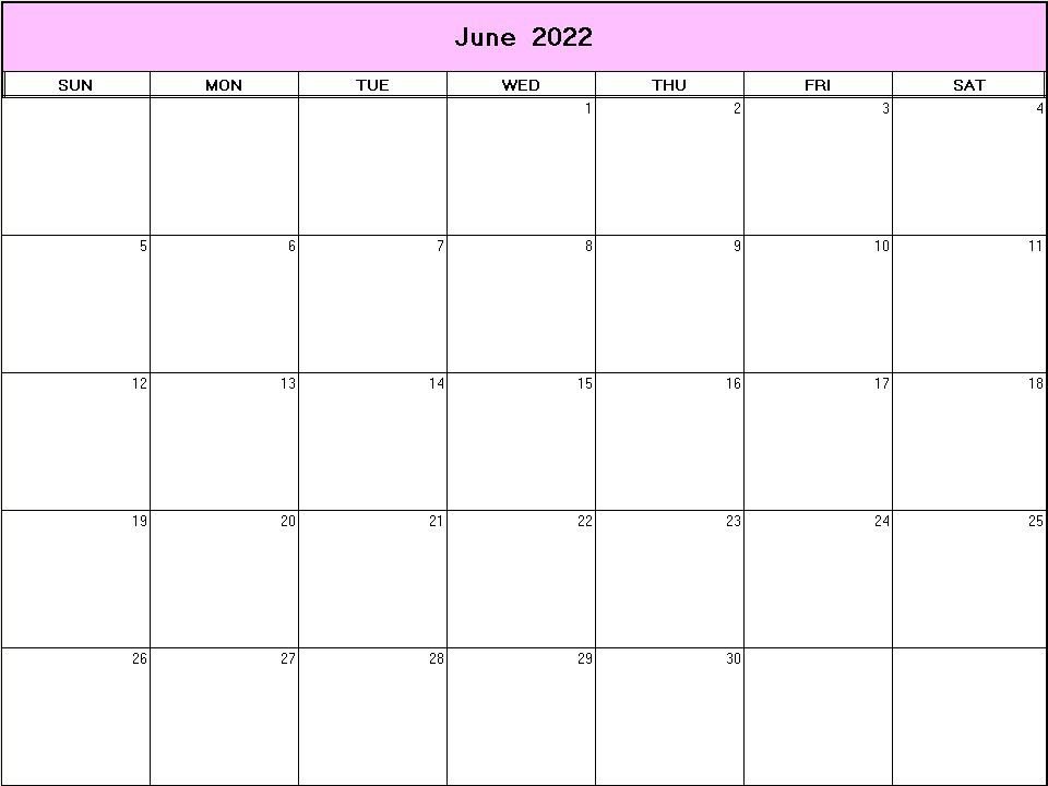 printable blank calendar image for June 2022