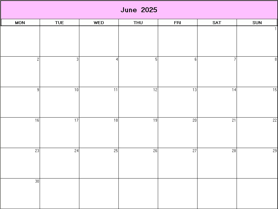 printable blank calendar image for June 2025