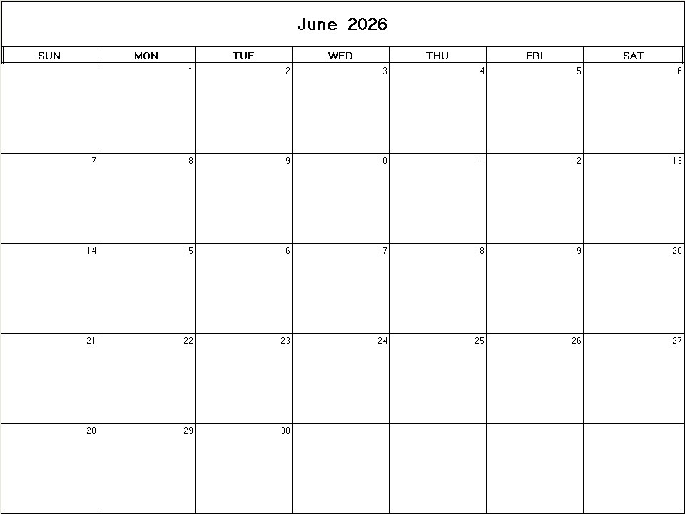 printable blank calendar image for June 2026