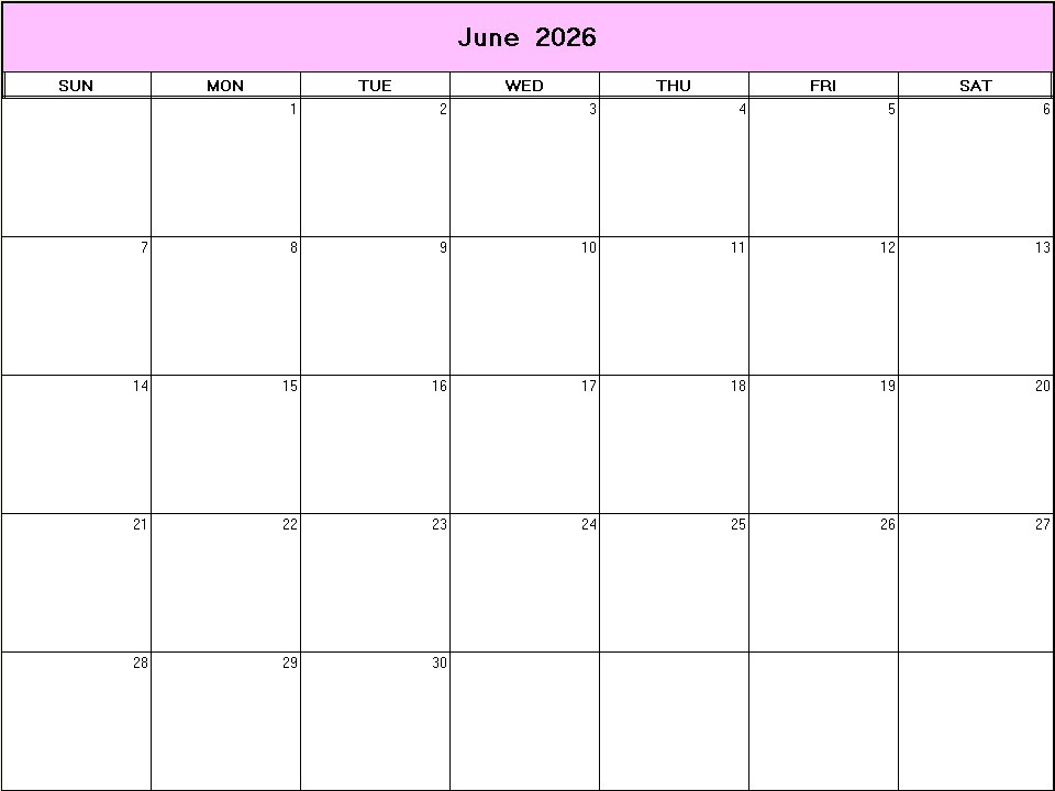 printable blank calendar image for June 2026