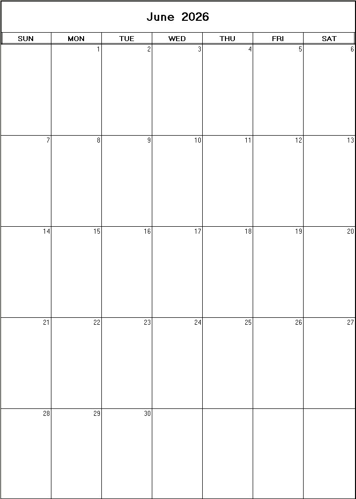 printable blank calendar image for June 2026